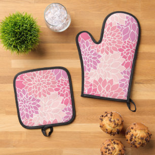 Ensemble De Gant De Cuisine Et De Manique Fleurs Dahlia, Motif De Fleurs, Dahlia Rose