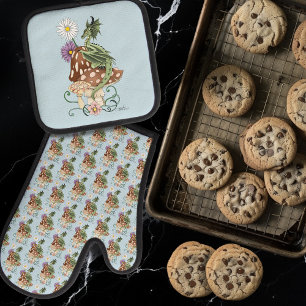 Ensemble De Gant De Cuisine Et De Manique Fleurs de Champignon Dragon Fantastique Vert Capri
