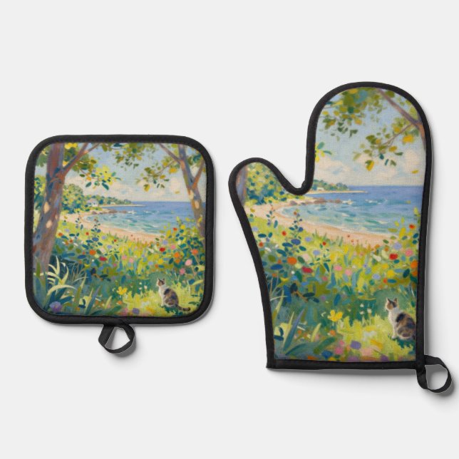 Ensemble De Gant De Cuisine Et De Manique Fleurs de chat et mer (Recto)