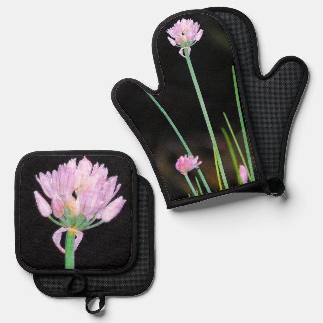 Ensemble De Gant De Cuisine Et De Manique Fleurs de ciboulette (Recto/Verso)