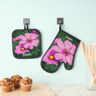 Ensemble De Gant De Cuisine Et De Manique Fleurs de Cosmos Rose Personnalisées