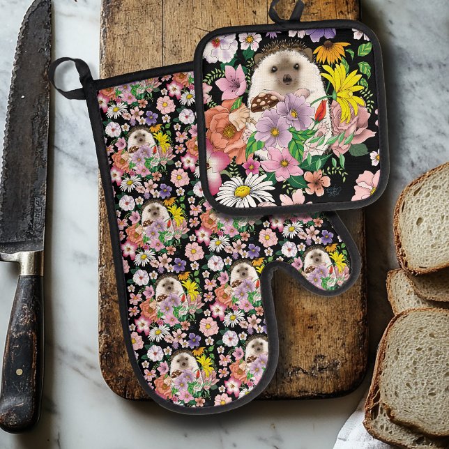 Ensemble De Gant De Cuisine Et De Manique Fleurs de hérisson mignonnes (Créateur téléchargé)