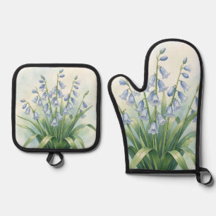 Ensemble De Gant De Cuisine Et De Manique Fleurs de Jacinthe Botanique Aquarelle