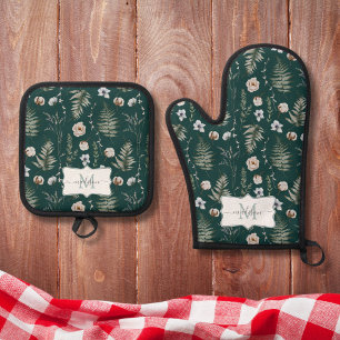 Ensemble De Gant De Cuisine Et De Manique Fleurs de monogramme et feuilles de fougère floral