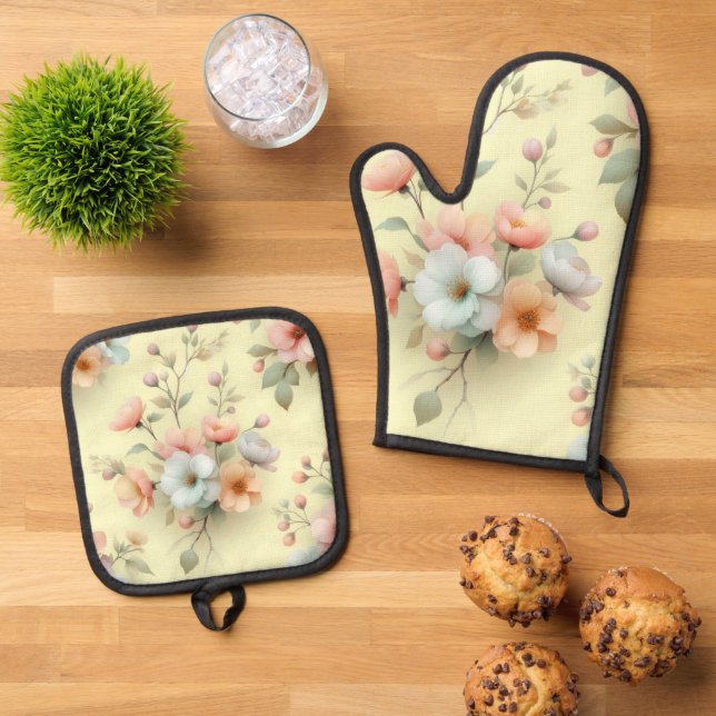 Ensemble De Gant De Cuisine Et De Manique Fleurs de Pâques de printemps (De haut en bas)