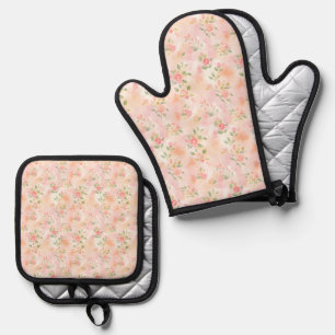 Ensemble De Gant De Cuisine Et De Manique Fleurs de pêche roses petites aquarelles abstraite