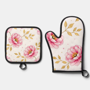 Ensemble De Gant De Cuisine Et De Manique Fleurs de pivoine roses motif feuilles dorées