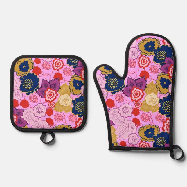 Ensemble De Gant De Cuisine Et De Manique Fleurs de printemps (Recto)