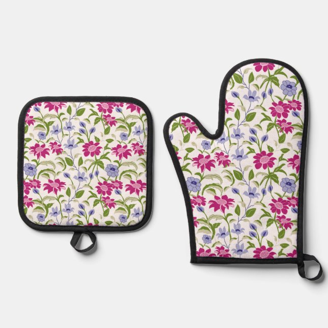 Ensemble De Gant De Cuisine Et De Manique Fleurs de printemps (Recto)
