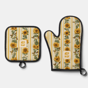 Ensemble De Gant De Cuisine Et De Manique Fleurs de soleil et papillons sur bandes jaunes