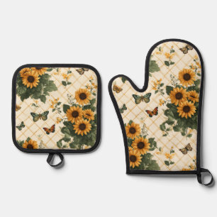 Ensemble De Gant De Cuisine Et De Manique Fleurs de soleil et papillons sur Jaune clair