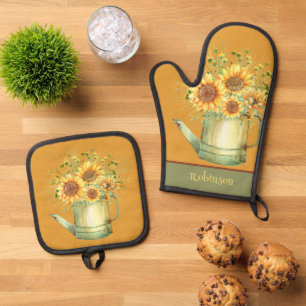 Ensemble De Gant De Cuisine Et De Manique Fleurs de soleil orange jaune vert