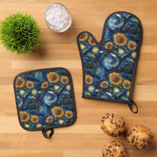 Ensemble De Gant De Cuisine Et De Manique Fleurs de soleil Van Gogh et nuit étoilée