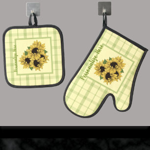 Ensemble De Gant De Cuisine Et De Manique Fleurs de soleil vintages sur Plaid