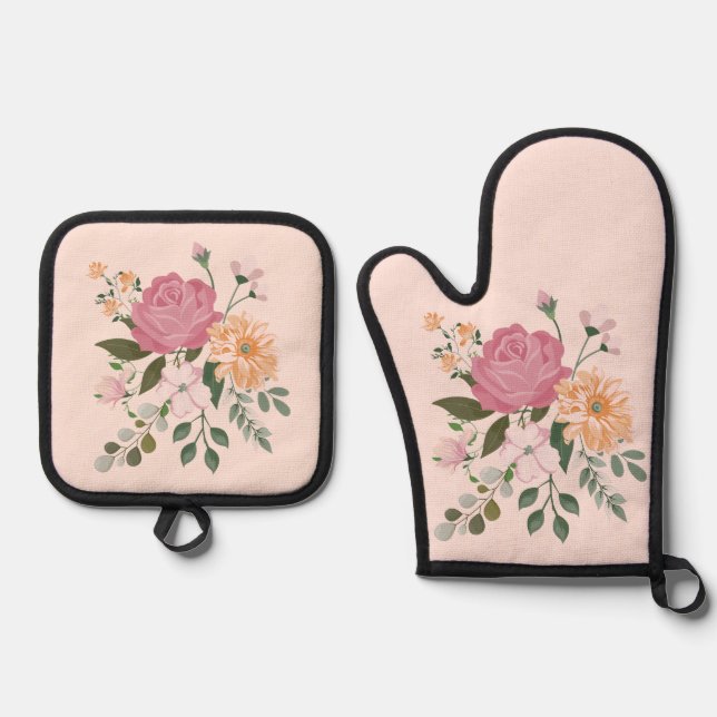 Ensemble De Gant De Cuisine Et De Manique Fleurs d'eau (Recto)