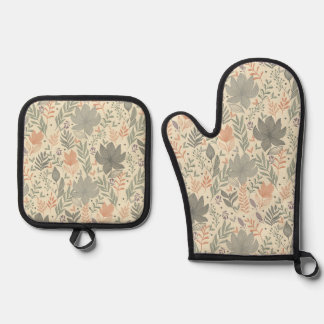 Ensemble De Gant De Cuisine Et De Manique Fleurs dessinées à la main