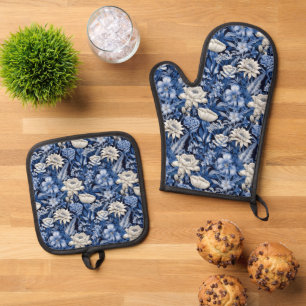 Ensemble De Gant De Cuisine Et De Manique Fleurs d'hiver saisonnières carrelé motif