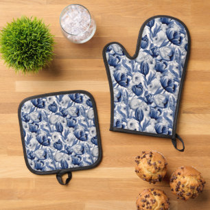 Ensemble De Gant De Cuisine Et De Manique Fleurs d'hiver saisonnières carrelé motif