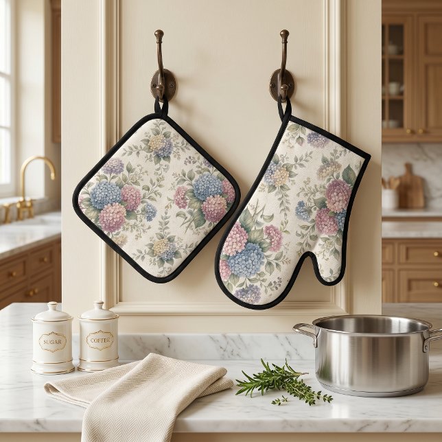 Ensemble De Gant De Cuisine Et De Manique Fleurs d'hortensia délicates  (Créateur téléchargé)