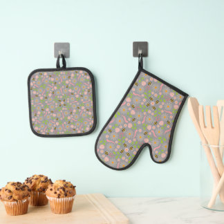 Ensemble De Gant De Cuisine Et De Manique Fleurs et créatures inspirées de la nature