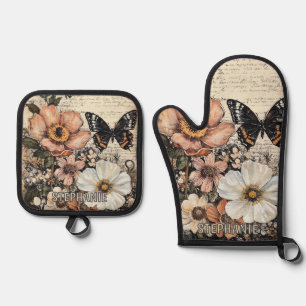 Ensemble De Gant De Cuisine Et De Manique Fleurs et papillons rustiques - Papier vieilli (14