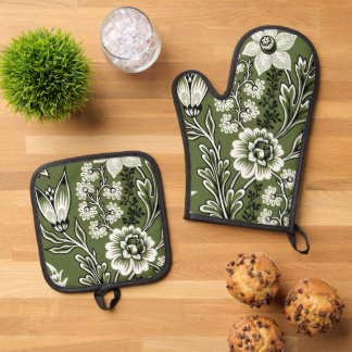 ENSEMBLE DE GANT DE CUISINE ET DE MANIQUE FLEURS FANTASTIQUES BEAUX-ARTS EN VERT DE MOUSSE
