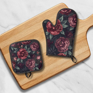 Ensemble De Gant De Cuisine Et De Manique Fleurs lunatiques motif aquarelle rouge foncé