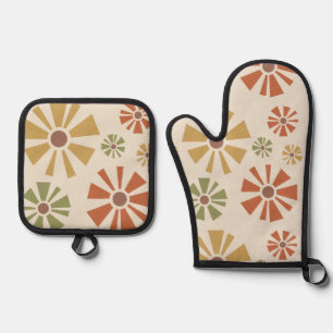 Ensemble De Gant De Cuisine Et De Manique Fleurs modernes du milieu du siècle Multicolores