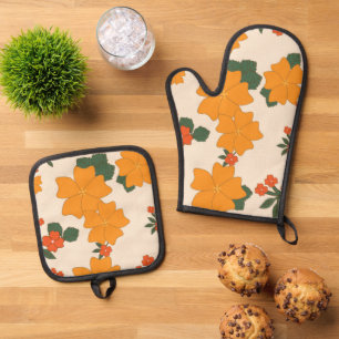 Ensemble De Gant De Cuisine Et De Manique Fleurs Oranges, Motif Floral, Motif De Fleurs