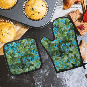 Ensemble De Gant De Cuisine Et De Manique Fleurs Petit Bleu Brunnera Floral