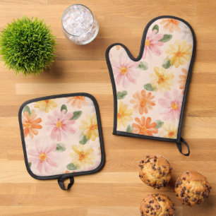 Ensemble De Gant De Cuisine Et De Manique Fleurs Rose Jaune Bleu Pêche