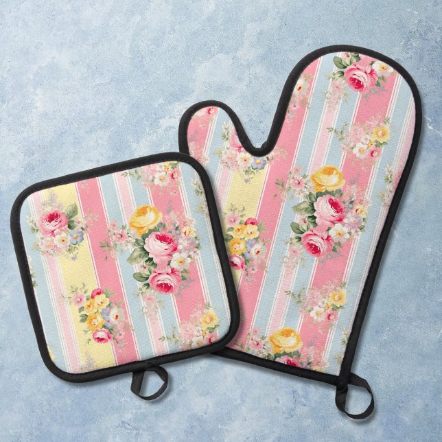 Ensemble De Gant De Cuisine Et De Manique Fleurs roses rayées (Créateur téléchargé)