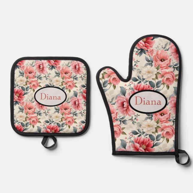 Ensemble De Gant De Cuisine Et De Manique Fleurs roses vintage corail  (Recto)