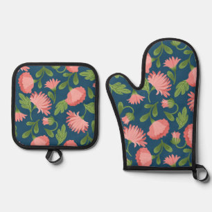 Ensemble De Gant De Cuisine Et De Manique Fleurs roses vintages sur bleu foncé BG