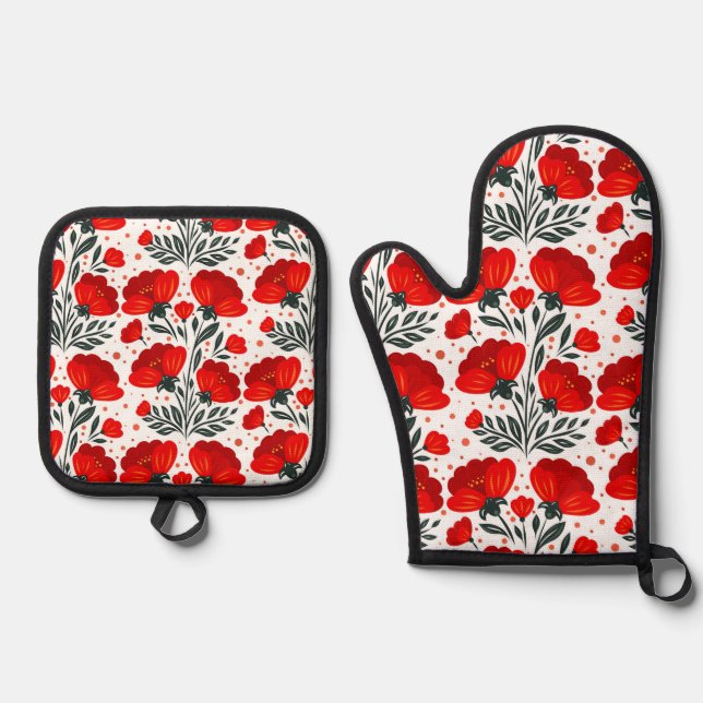 Ensemble De Gant De Cuisine Et De Manique Fleurs rouges (Recto)