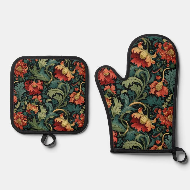 Ensemble De Gant De Cuisine Et De Manique Fleurs rouges William Morris  (Recto)