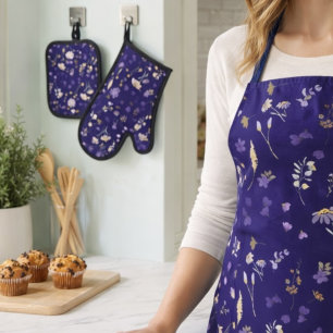 Ensemble De Gant De Cuisine Et De Manique Fleurs sauvages aquarelle boho bleu marine
