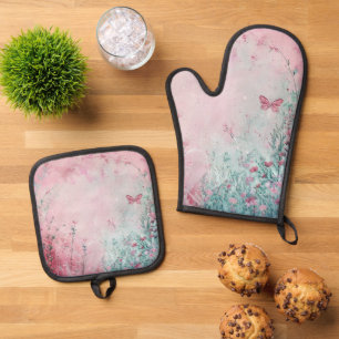 Ensemble De Gant De Cuisine Et De Manique Fleurs sauvages délicates et papillon