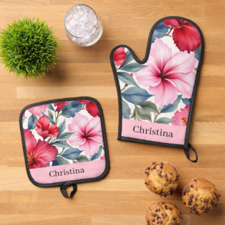 Ensemble De Gant De Cuisine Et De Manique Fleurs tropicales roses rouges