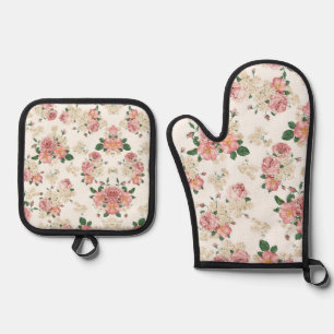 Ensemble De Gant De Cuisine Et De Manique Fleurs vintage sur fond blanc