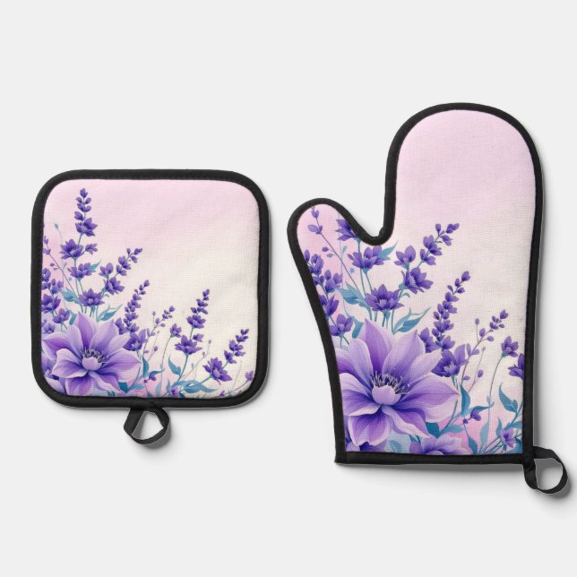 Ensemble De Gant De Cuisine Et De Manique Fleurs violettes (Recto)