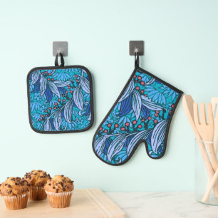 Ensemble De Gant De Cuisine Et De Manique Floral bleu ancien Boho moderne