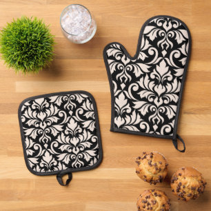 Ensemble De Gant De Cuisine Et De Manique Flourissant Damask Art I Cream sur Black