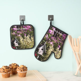 Ensemble De Gant De Cuisine Et De Manique Flower Garden Birdhouse Art Personnalisé