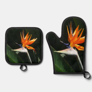 Ensemble De Gant De Cuisine Et De Manique Flower tropical orange paradise