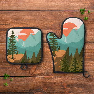 Ensemble De Gant De Cuisine Et De Manique Forêt Abstraite Moderne, Montagnes et Lever de Sol