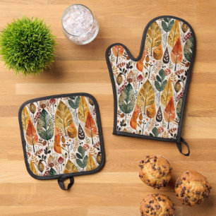 Ensemble De Gant De Cuisine Et De Manique Forêt automnale du milieu du siècle