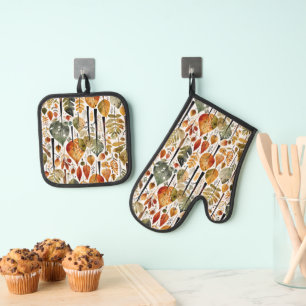 Ensemble De Gant De Cuisine Et De Manique Forêt botanique d'automne du milieu du siècle