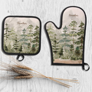 Ensemble De Gant De Cuisine Et De Manique Forêt de pins verte aquarelle sur montagne