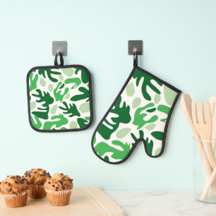 Ensemble De Gant De Cuisine Et De Manique formes Abstraites organiques teintes de vert